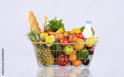 Different tasty fresh vegetables in shopping basket