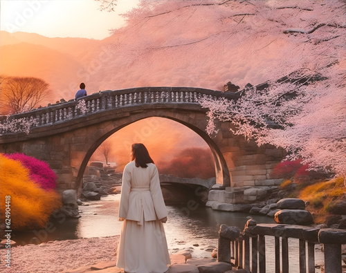 Female tourists visit stone bridges and rivers at major Korean cities in winter. back view. Generative AI