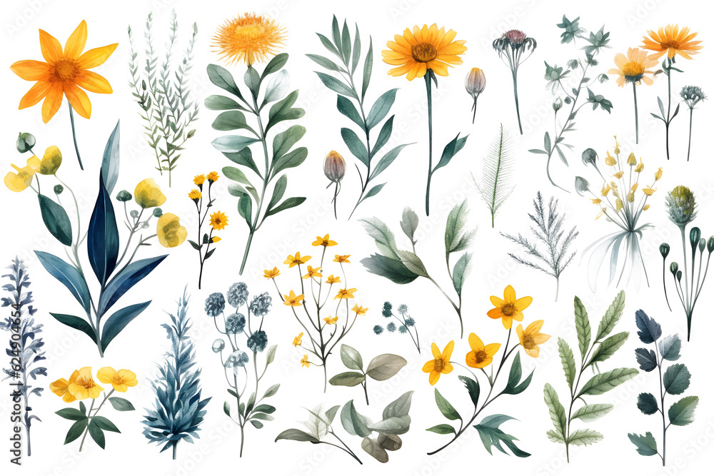 Watercolor elements - wildflowers, herbs, flowers, leaf. Garden and wild, forest herb, branches. Isolated on white background. 