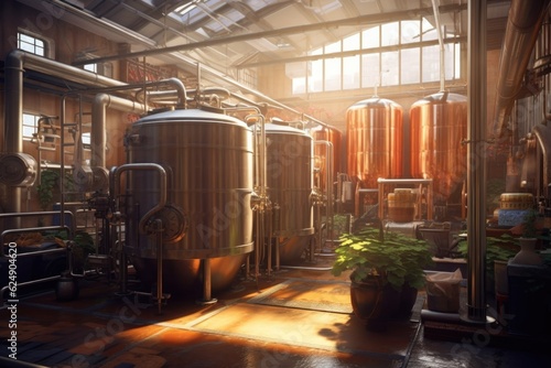 brewing tanks and equipment in a factory, created with generative ai