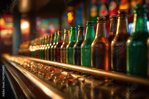 close-up of beer bottles on conveyor belt  created with generative ai