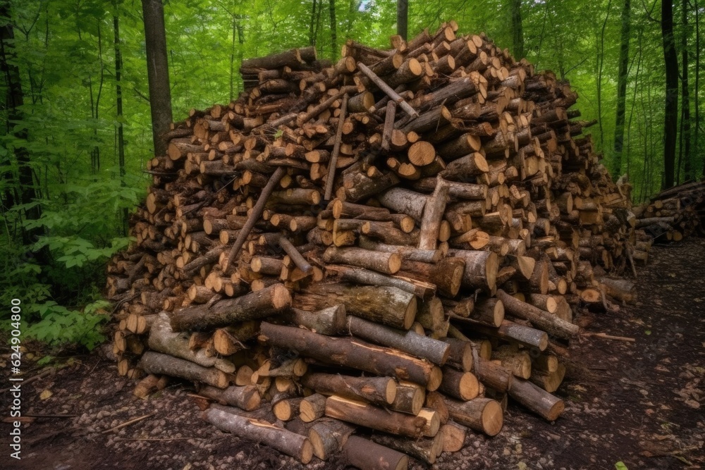 Fototapeta premium wood pile with signs of beetle infestation, created with generative ai