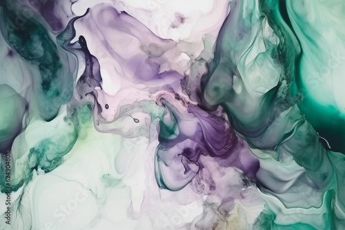 Abstract purple, green and white alcohol ink art background. 