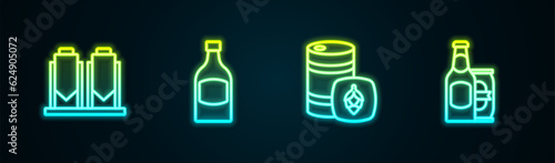 Set line Beer brewing process, bottle, Metal beer keg and and can. Glowing neon icon. Vector