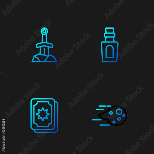 Set line Fireball, Tarot cards, Sword in the stone and Bottle with potion. Gradient color icons. Vector