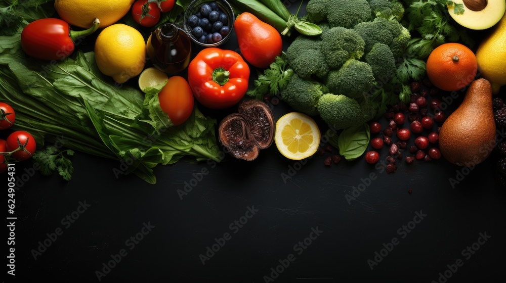 healthy fruit clean eating fresh vegetable in isolated black background