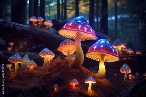 whimsical glowing mushrooms on a forest floor, created with generative ai