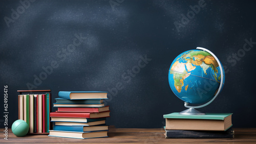 Back to School Concept. Earth Globe, Books, Notebooks, Colorful Stationery. Education and School Supplies. Blackboard Chalkboard Background for Learning. Stack of Books and Essentials on Wooden Table
