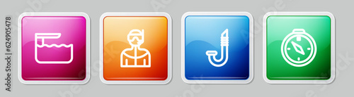 Set line Diving board or springboard, Wetsuit for scuba diving, Snorkel and Compass. Colorful square button. Vector