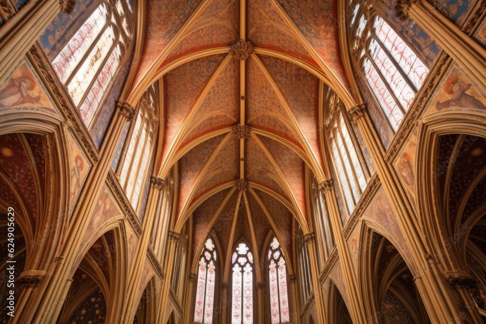 symmetrical frescoes on a gothic cathedral ceiling, created with generative ai - obrazy, fototapety, plakaty 