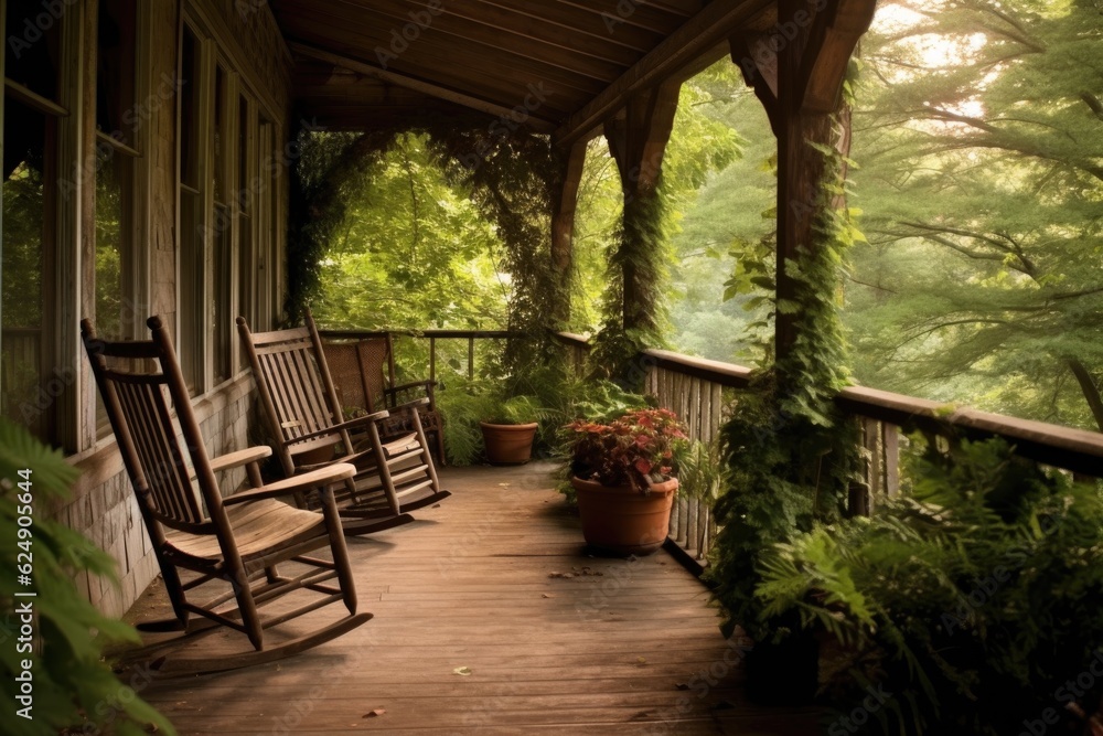 log cabin porch with rocking chairs, created with generative ai
