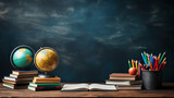 Back to School Concept. Earth Globe, Books, Notebooks, Colorful Stationery. Education and School Supplies. Blackboard Chalkboard Background for Learning. Stack of Books and Essentials on Wooden Table