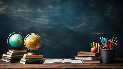 Back to School Concept. Earth Globe, Books, Notebooks, Colorful Stationery. Education and School Supplies. Blackboard Chalkboard Background for Learning. Stack of Books and Essentials on Wooden Table