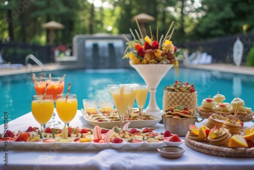 pool party setup with french 75 cocktails in the foreground, created with generative ai