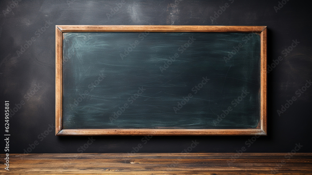 Blank School Chalk Board on the Wall, Blackboard with rubbed wooden frame, old vintage dirty chalkboard. Back to School concept, for classroom or restaurant menu. Template blackboard for design - obrazy, fototapety, plakaty 