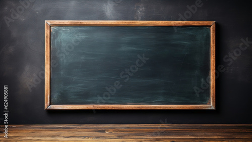 Blank School Chalk Board on the Wall, Blackboard with rubbed wooden frame, old vintage dirty chalkboard. Back to School concept, for classroom or restaurant menu. Template blackboard for design