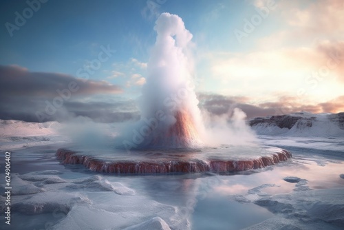 Fotografia erupting geyser surrounded by icy terrain, created with generative ai