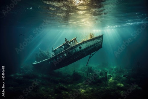 dramatic underwater shot of capsized boat, created with generative ai © altitudevisual
