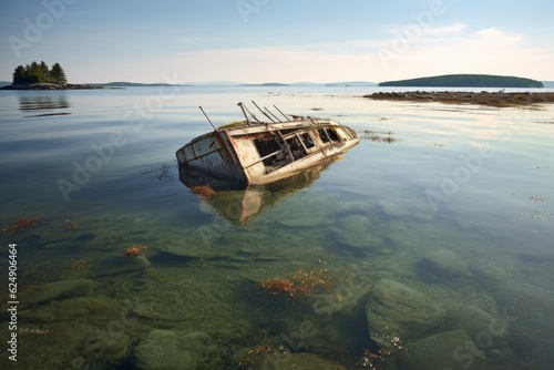 capsized boat in shallow water, sandbar visible, created with generative ai
