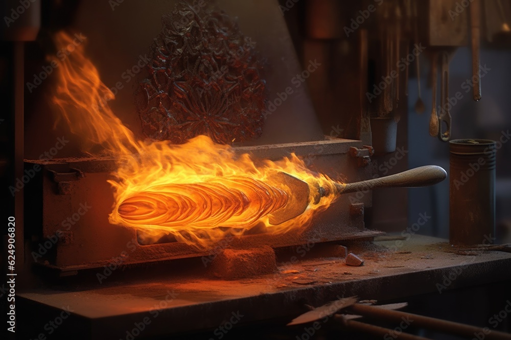 blade quenching process with fiery steam, created with generative ai
