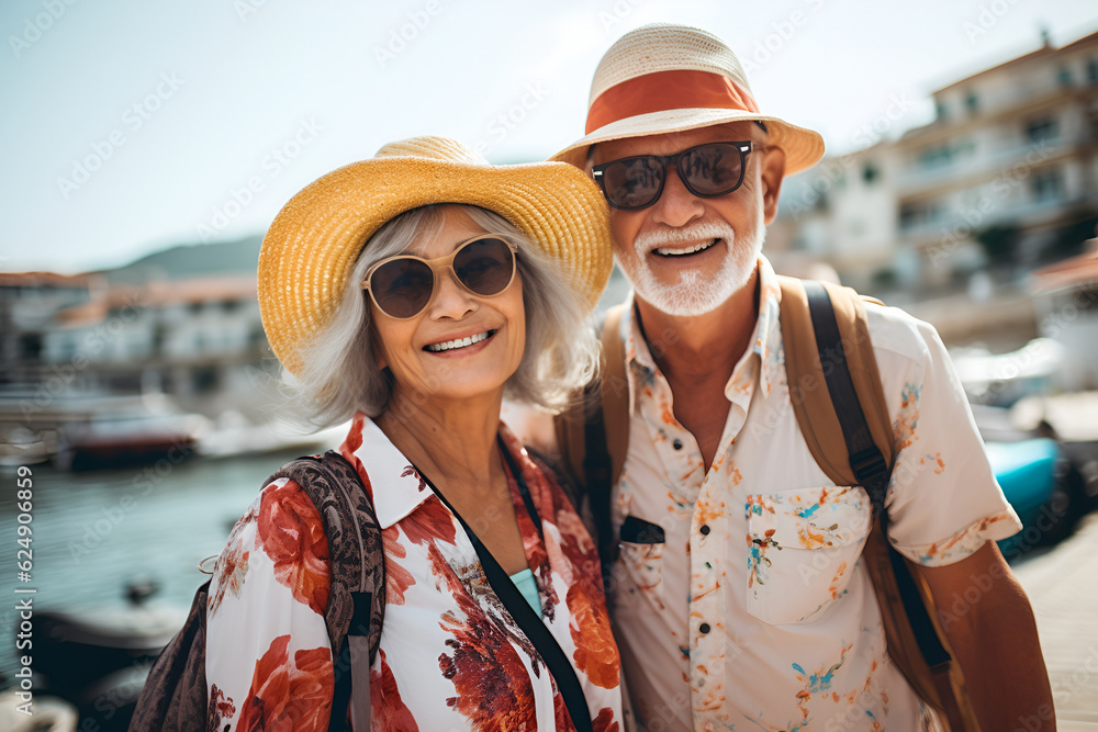 senior people 60-70 years traveling on the seaside
