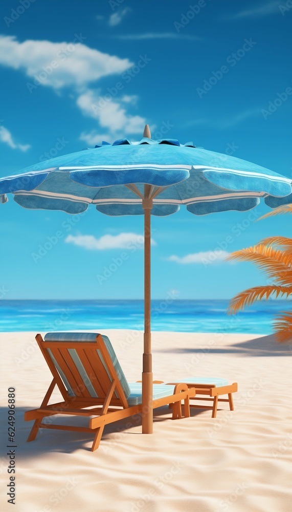 Sunny Umbrella with Sun Loungers on a Sandy Beach. Generative ai