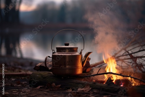 chai tea brewing in a traditional kettle over a campfire, surrounded by nature, created with generative ai
