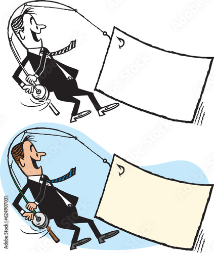A vintage retro cartoon of a businessman reeling in a blank sign with a fishing rod. 