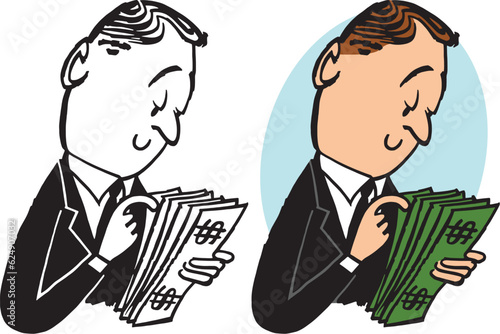A vintage retro cartoon of a businessman counting a stack of dollar bills. 