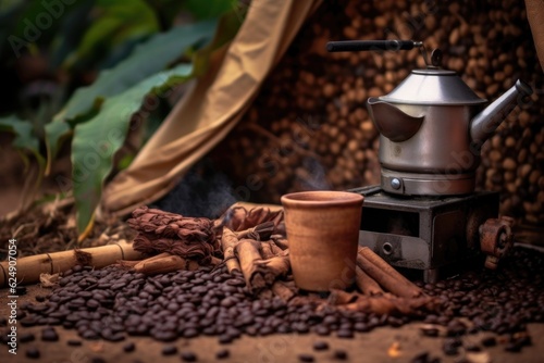 close-up of coffee beans next to a camp stove in nature, created with generative ai