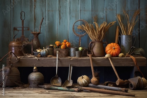 rusty vintage farm tools arranged on wooden table, created with generative ai