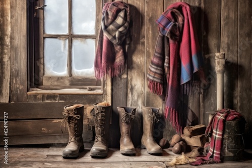 winter boots and scarf hanging on a rustic wall, created with generative ai