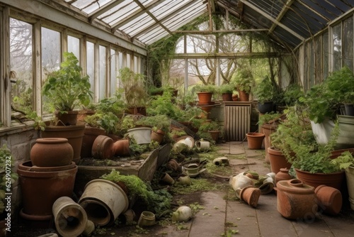 fallen plant pots scattered around toppled greenhouse, created with generative ai