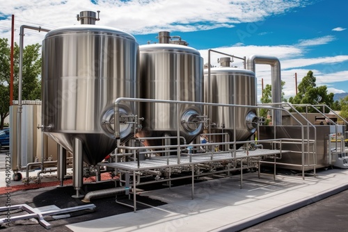 outdoor brewery equipment with stainless steel tanks and pipes, created with generative ai