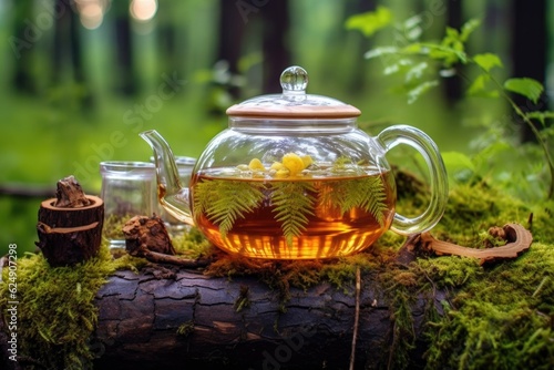 glass teapot with herbal tea on a log surrounded by nature, created with generative ai