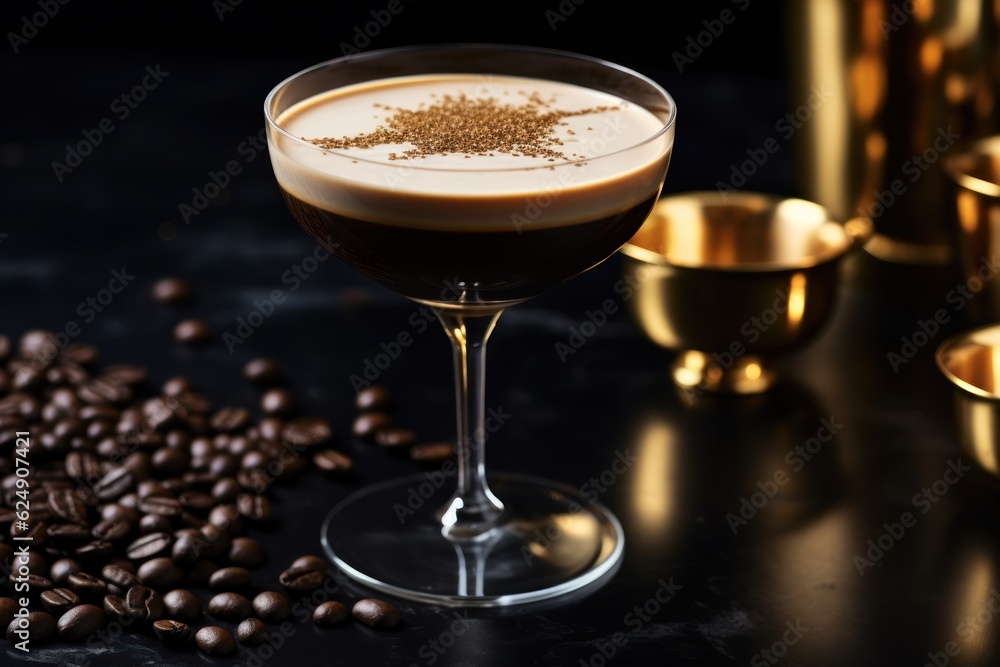 Cold Espresso Martini. Modern glass with gold and decoration around it. AI generated Cold Espresso Martini. Modern glass with gold and decoration around it. AI generated