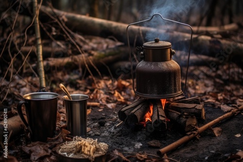 a rustic campfire setup with hot chocolate pot, created with generative ai