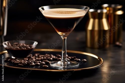 Cold Espresso Martini. Modern glass with gold and decoration around it. AI generated