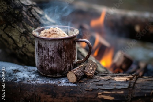 close-up of hot chocolate in rustic mug near campfire, created with generative ai