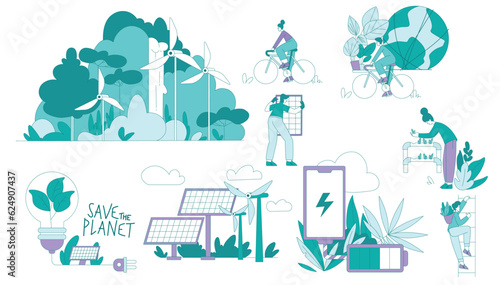 Eco-friendly Life with Man and Woman Save Planet Vector Set
