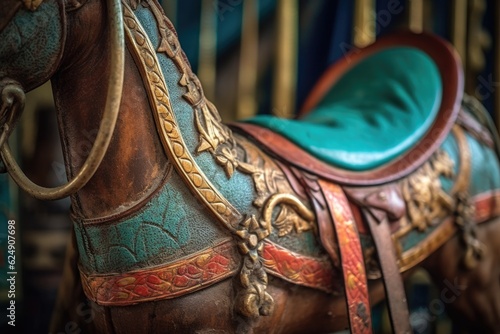 close-up of a saddle and stirrups on a vintage carousel horse, created with generative ai