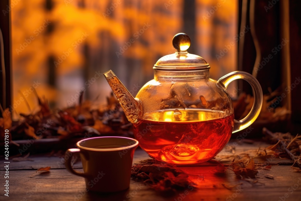 rooibos tea steeping in a glass teapot by the warm campfire glow, created with generative ai