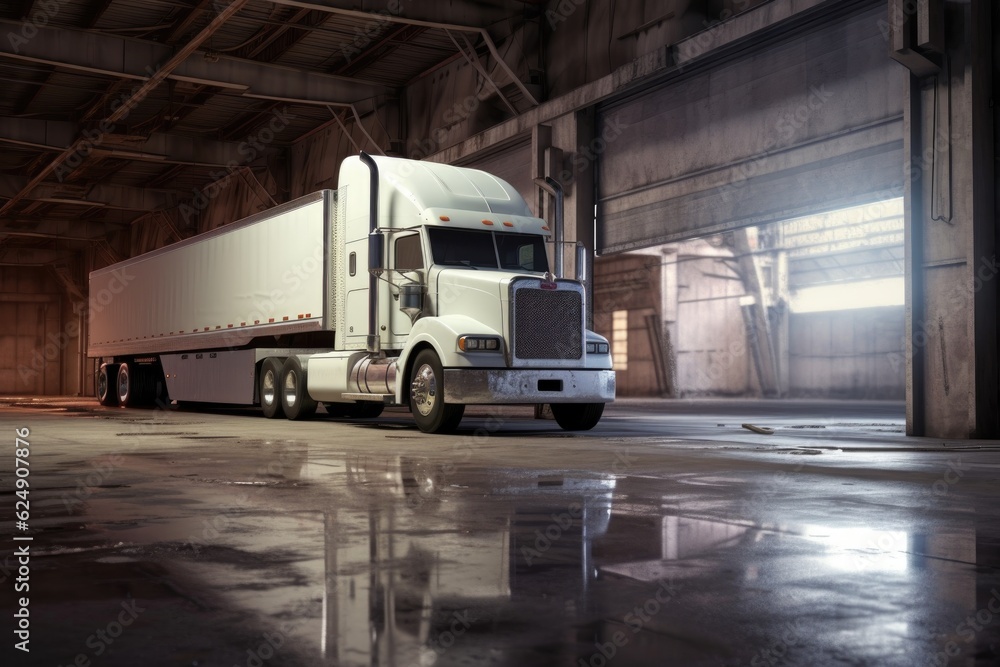side view of white semi truck and empty trailer in a warehouse, created with generative ai