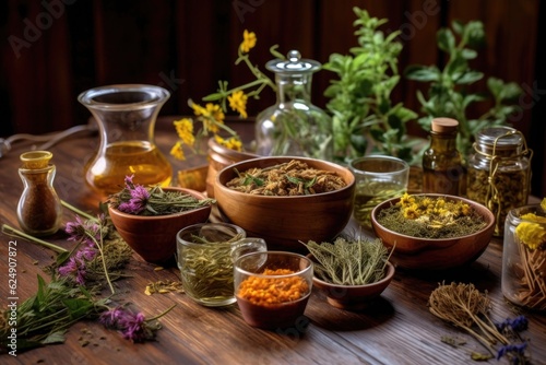 herbal tea ingredients arranged on wooden table, created with generative ai