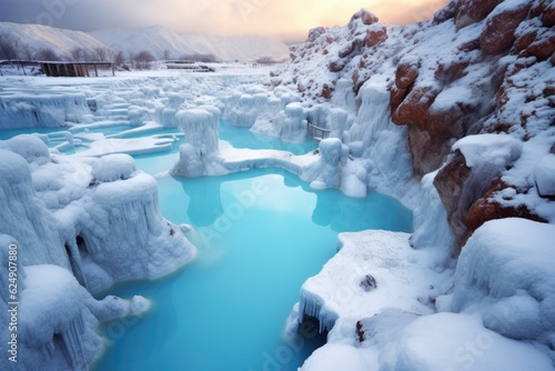 snow-covered rocks surrounding vibrant blue hot spring, created with generative ai