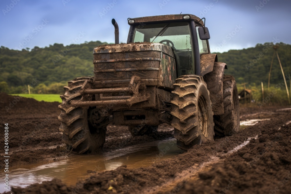 tractor tire flat in muddy terrain, created with generative ai tractor tire flat in muddy terrain, created with generative ai