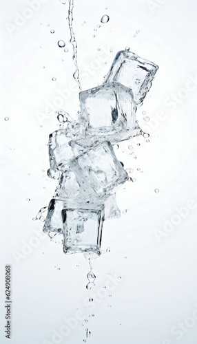 Clear ice cube in water splashes isolated on white background
