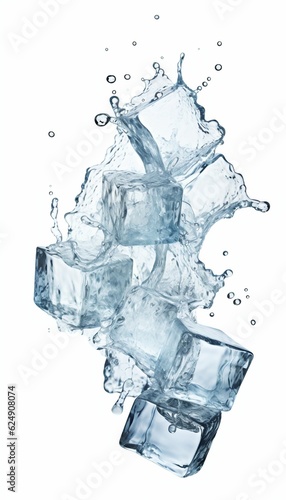 Clear ice cube in water splashes isolated on white background