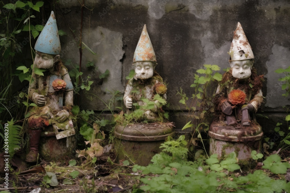garden gnomes chipped paint revealing aged material, created with generative ai