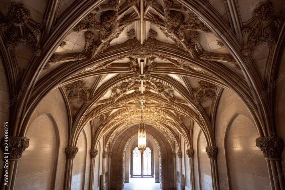 vaulted ceiling with carved stone details, created with generative ai